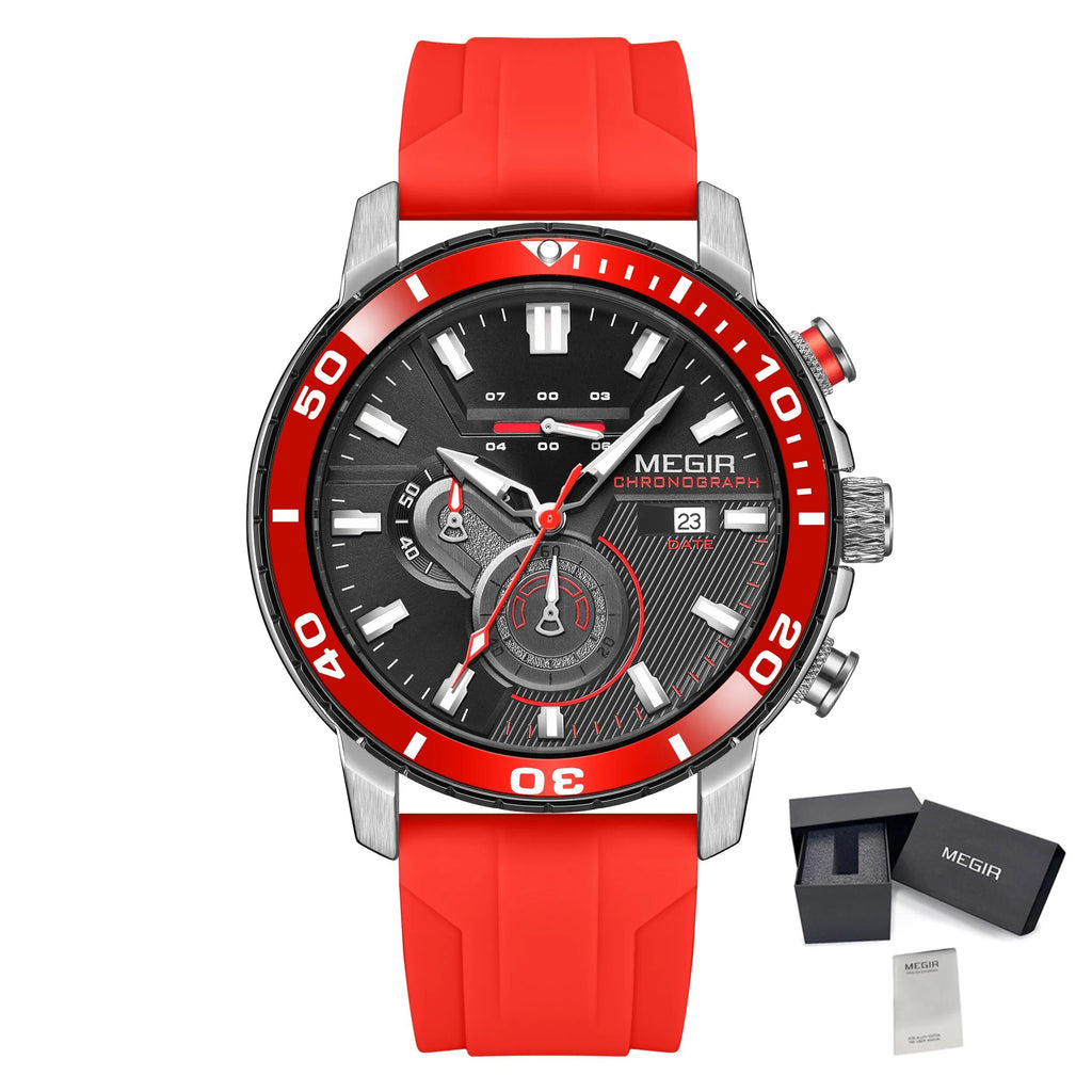 MEGIR Luxury Military Watches for Men Fashion Sport Quartz Wristwatch Waterproof Silicone Band Male Clock Chronograph with Date