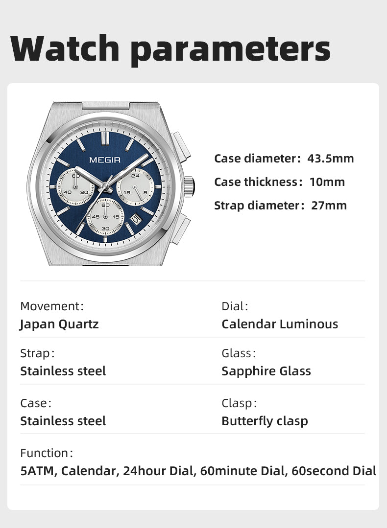 MEGIR Men's Business Watches Original Analogue Quartz Wrist Watch Luminous 5ATM Waterproof Steel Large Dial Clock Reloj Hombre