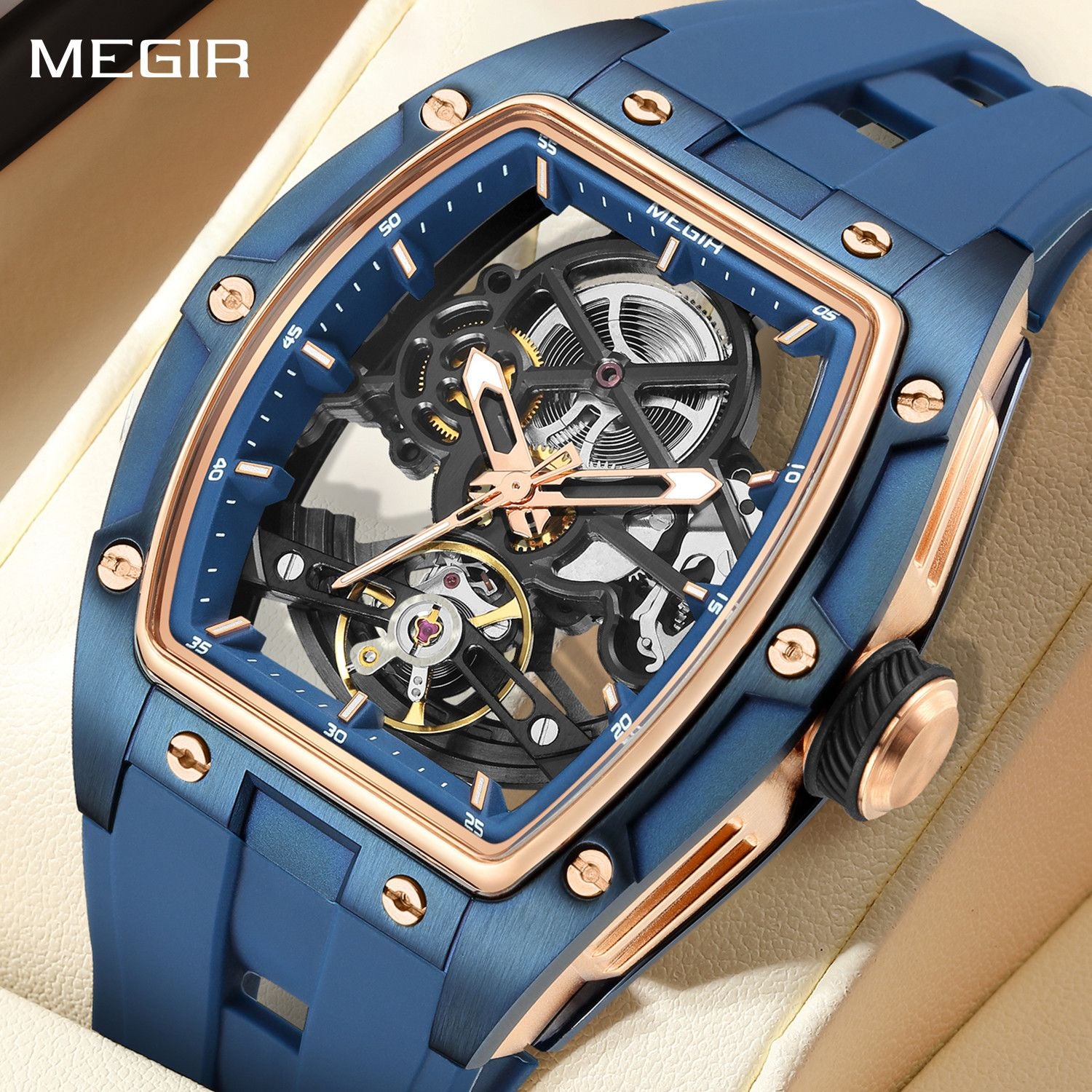 MEGIR 100% Original Fashion Men Watches Automatic Mechanical Watch Steel Case Sport Skeleton Wristwatch Waterproof Clock Reloj Hombre