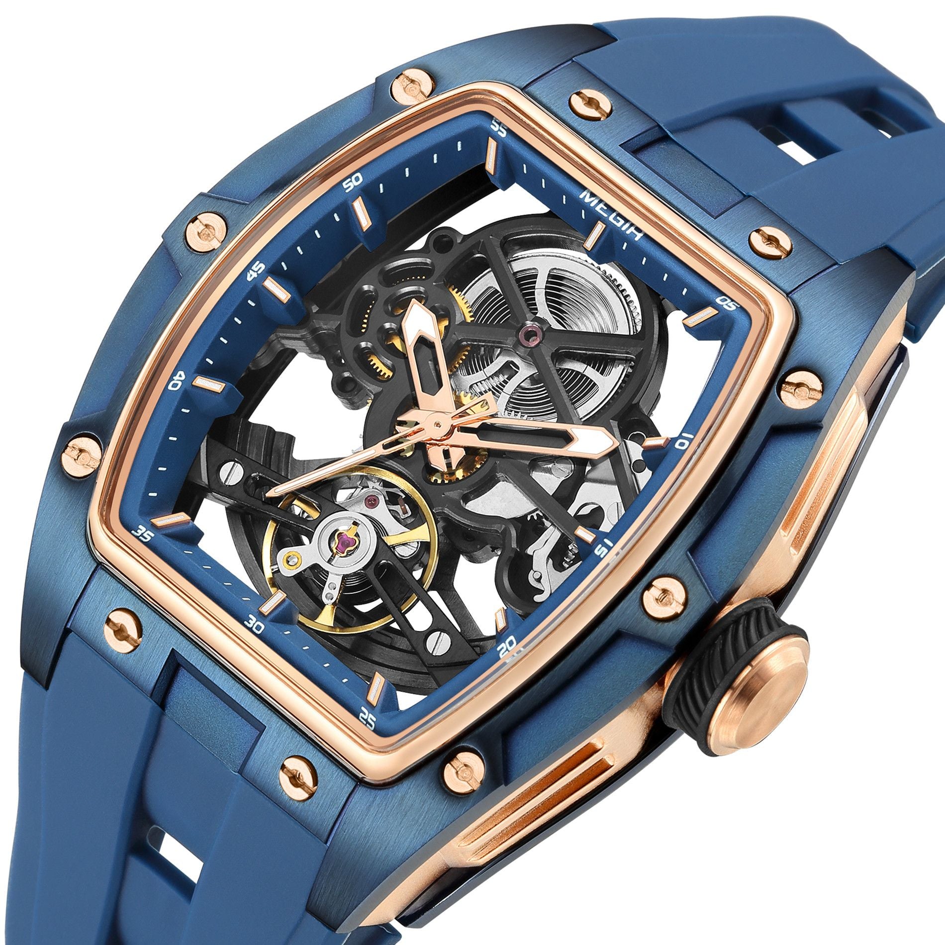 MEGIR 100% Original Fashion Men Watches Automatic Mechanical Watch Steel Case Sport Skeleton Wristwatch Waterproof Clock Reloj Hombre