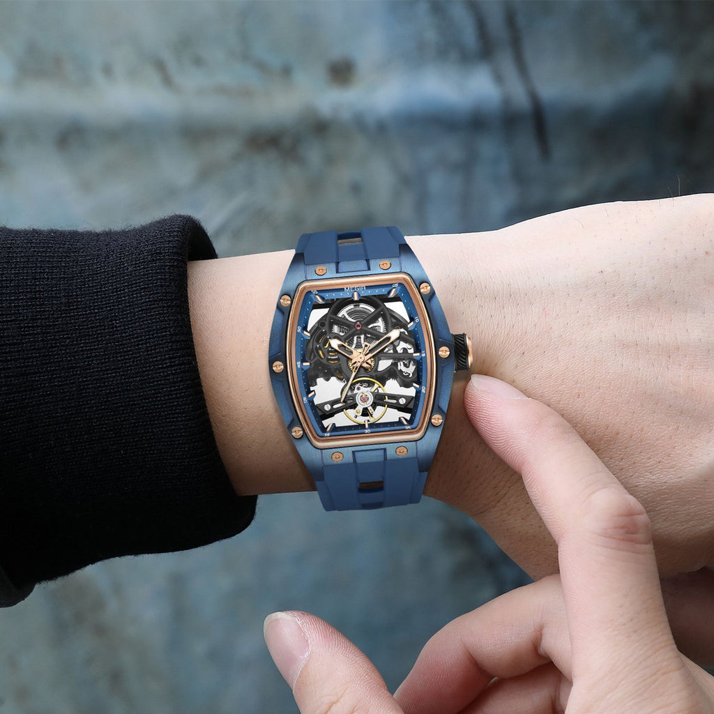 MEGIR 100% Original Fashion Men Watches Automatic Mechanical Watch Steel Case Sport Skeleton Wristwatch Waterproof Clock Reloj Hombre