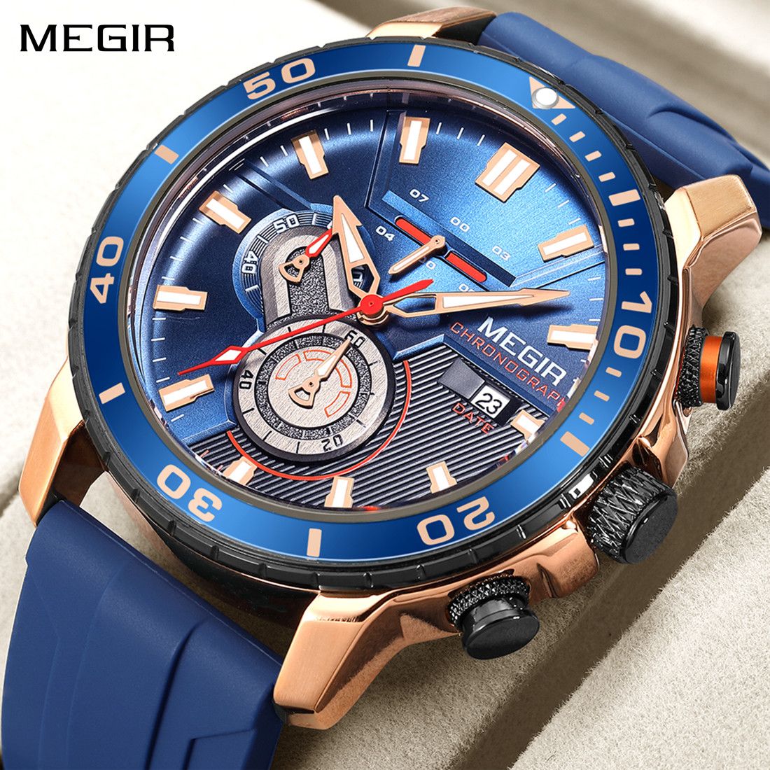 MEGIR Luxury Military Watches for Men Fashion Sport Quartz Wristwatch Waterproof Silicone Band Male Clock Chronograph with Date